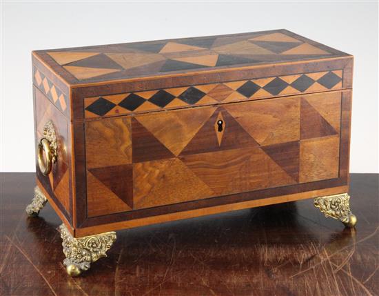 A 19th century parquetry inlaid rectangular tea caddy, 10.5in.